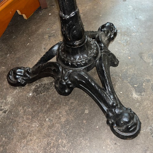 187 - SHORT PUB TABLE WITH BLACK WROUGHT IRON BASE