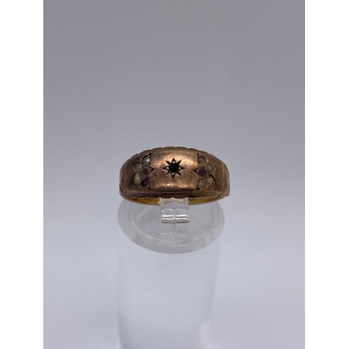 508 - 15CT GOLD GYPSY STYLE RING SET WITH SEED PEARLS AND RUBYS STONE MISSING SIZE L 1.9G APPROX AND A 9CT... 