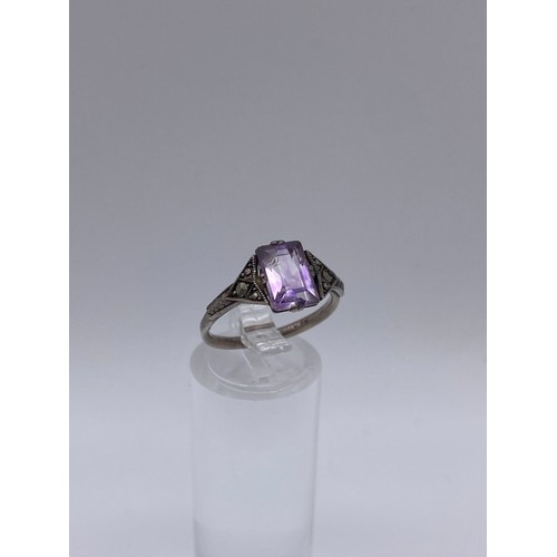 511 - SILVER MARCASITE AND AMETHYST ART DECO STYLE DRESS RING, A 9CT GOLD AND SILVER OPAL RING, AND SILVER... 