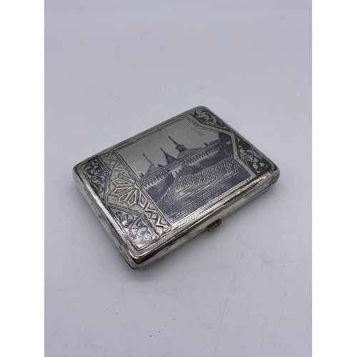 501 - RUSSIAN SILVER NIELLO AND BRIGHT CUT ENGRAVED CIGARETTE CASE 4.1OZ APROX