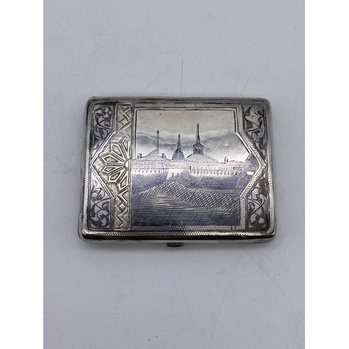 501 - RUSSIAN SILVER NIELLO AND BRIGHT CUT ENGRAVED CIGARETTE CASE 4.1OZ APROX