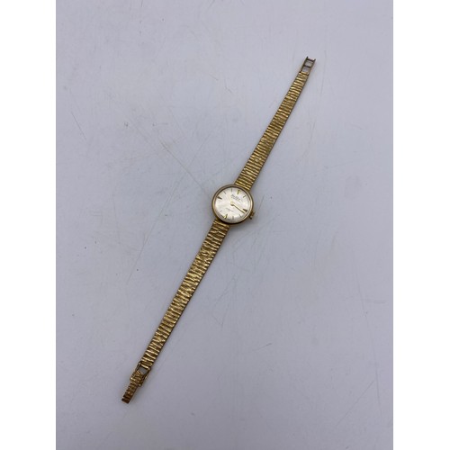 544 - CASED 9CT GOLD LADIES BENTIMA STAR WRIST WATCH WITH 9CT GOLD TEXTURED BARK EFFECT STRAP 17G OVERALL