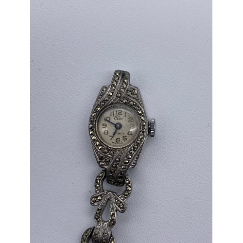 548 - CASED STAINLESS STEEL LADIES ELCO MARCASITE COCKTAIL WATCH STRAP AS FOUND