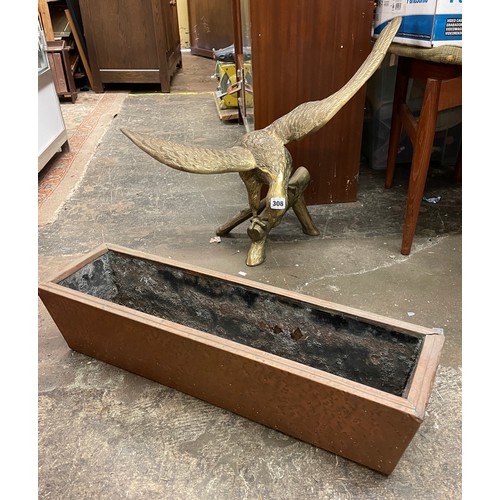 308 - HEAVY BRASS SPREAD EAGLE FIGURE GROUP AND COPPER OBLONG TROUGH PLANTER