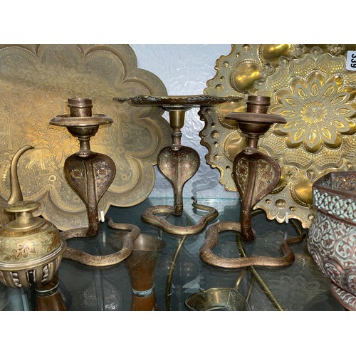 339 - SELECTION OF INDIAN AND EASTERN ENAMLED BRASSWARE INCLUDING COBRA CANDLE STICKS, LOBED DISHES AND BO... 