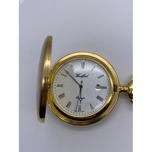 563 - BOXED WOODFORD QUARTZ PLATED FULL HUNTER CASED POCKET WATCH ON PLATED ALBERT CHAIN