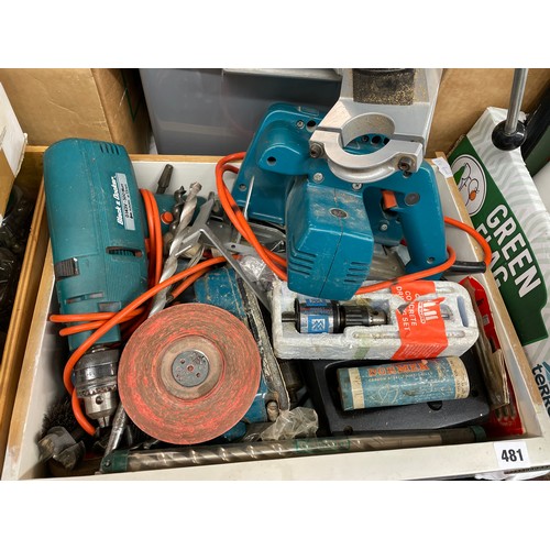 481 - BLACK AND DECKER POWER DRILL AND DRILL BITS, SANDER, RADIAL SAW AND JIGSAW AND ACCESSORIES