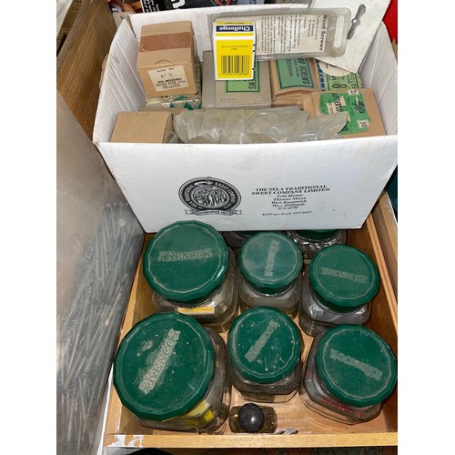 480 - TRAY - GLASS JARS OF IRONMONGERY, NAILS, TACKS, SCREWS, AND FIXINGS