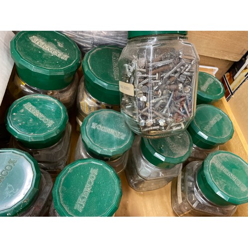 480 - TRAY - GLASS JARS OF IRONMONGERY, NAILS, TACKS, SCREWS, AND FIXINGS