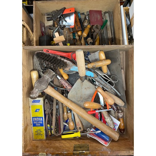 479 - TWO TRAYS OF MISCELLANEOUS ASSORTED TOOLS, PLIERS, GRIPS, HAMMERS, SCREWDRIVERS, PLASTERING TROWEL A... 