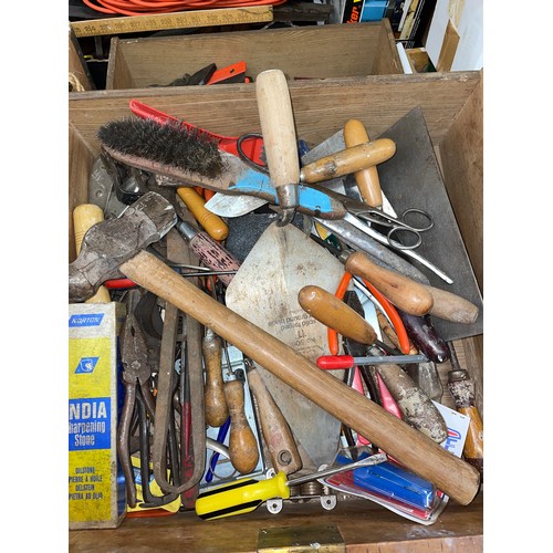 479 - TWO TRAYS OF MISCELLANEOUS ASSORTED TOOLS, PLIERS, GRIPS, HAMMERS, SCREWDRIVERS, PLASTERING TROWEL A... 