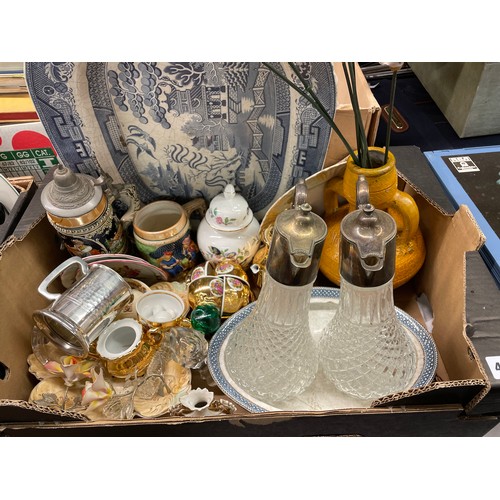 403 - BLUE AND WHITE MEAT PLATTER, TWO CLARET JUGS, LUSTRE COFFEE SET