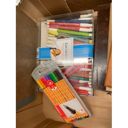 401 - TWO BOXES OF ARTIST PAINTS AND MATERIALS INCLUDING PASTELS, WATERCOLOURS, CRAYONS