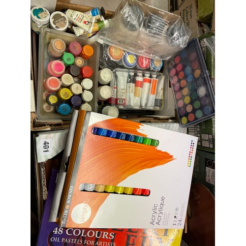 401 - TWO BOXES OF ARTIST PAINTS AND MATERIALS INCLUDING PASTELS, WATERCOLOURS, CRAYONS