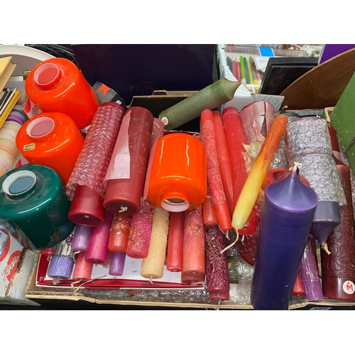 397 - FLAT TRAY OF MEDIUM AND LARGE CHURCH TYPE CANDLES AND FOUR GLASS LAMPSHADES