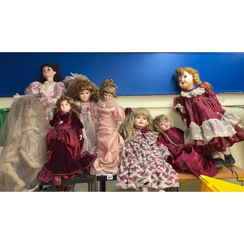 387 - SELECTION OF LARGER PORCELAIN AND CELLULOID DRESS DOLLS