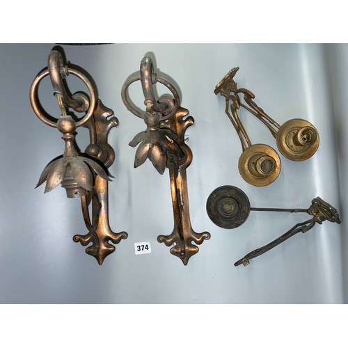 374 - PAIR OF ART NOUVEAU COPPER WALL APPLIQUES CONVERTED FOR ELECTRICITY