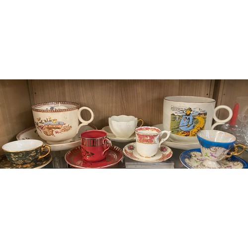 417 - VICTORIAN MOUSTACHE CUP AND COVER, TYKES MOTTO CUP AND SAUCER AND OTHERS