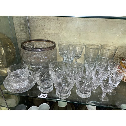 382 - SHELF OF CUT AND ETCHED GLASSWARES