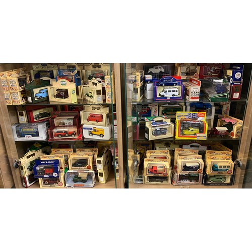 422 - SIX SHELVES OF BOXED MATCHBOX, LLEDO AND OTHER DIECAST MODEL CARS AND FARM VEHICLE TOYS