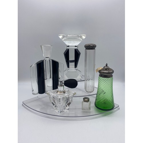 418 - GALWAY ART DECO STYLE GLASS SCENT BOTTLE, ATOMIZER, SILVER TOPPED DRESSING BOTTLE AND A SILVER TOP G... 