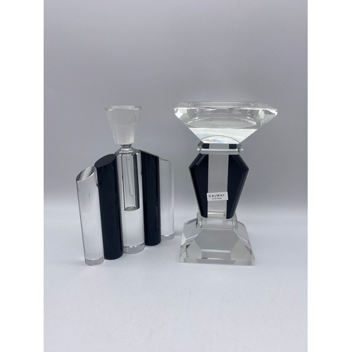 418 - GALWAY ART DECO STYLE GLASS SCENT BOTTLE, ATOMIZER, SILVER TOPPED DRESSING BOTTLE AND A SILVER TOP G... 