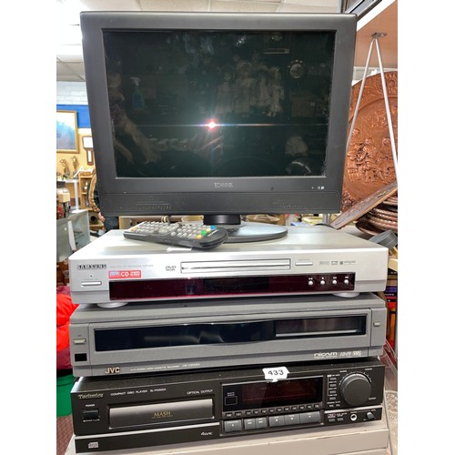 433 - TECHNIK'S COMPACT DISC PLAYER, JVC VHS VCR, SAMSUNG DVD VCD CD MP3 PLAYER AND SMALL TV WITH REMOTE