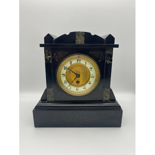 492 - 19TH CENTURY BLACK SLATE AND MARBLE CASED FRENCH MOVEMENT MANTLE CLOCK