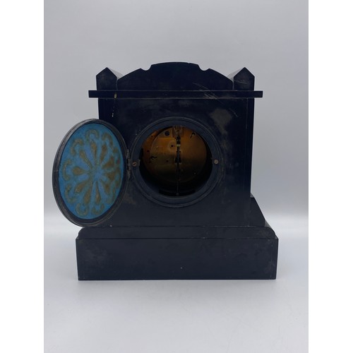 492 - 19TH CENTURY BLACK SLATE AND MARBLE CASED FRENCH MOVEMENT MANTLE CLOCK