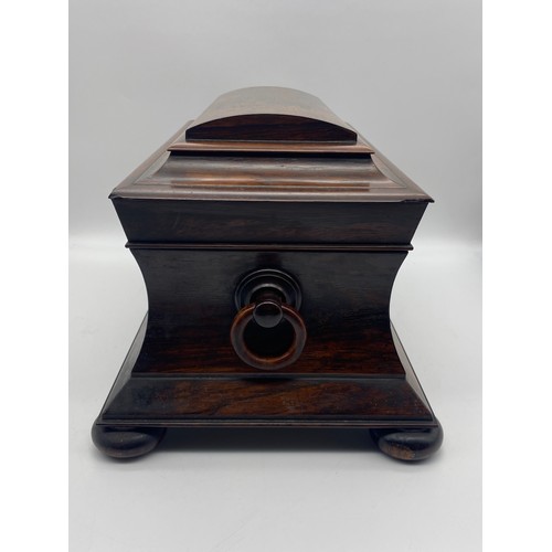 610 - REGENCY ROSE WOOD SARCOPHAGUS SHAPED TEA CADDY BOX WITH RING TURNED CARRY HANDLES AND BUN FEET, THE ... 