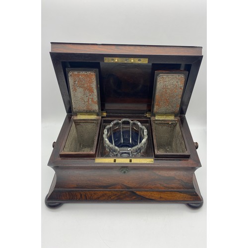 610 - REGENCY ROSE WOOD SARCOPHAGUS SHAPED TEA CADDY BOX WITH RING TURNED CARRY HANDLES AND BUN FEET, THE ... 