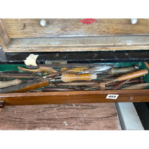 455 - LARGER TOOL CHEST CONTAINING CHISELS AND VARIOUS TOOLS