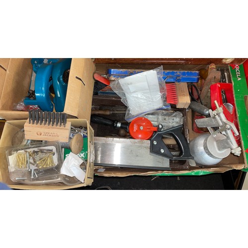 458 - BOX OF MISCELLANEOUS TOOLS, SAW, JACK PLANE, PAINT SPRAY CANISTER, ATTACHMENTS, TAP AND DIE SET