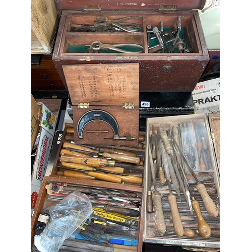 456 - TWO CASES OF VARIOUS TOOLS, WOODEN BOXES OF VARIOUS FILES AND RASPS, WOOD TURNING CHISELS