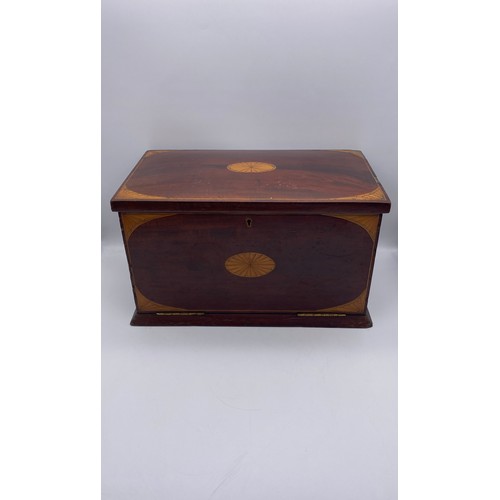 611 - LATE VICTORIAN MAHOGANY TRAVELLING STATIONERY BOX INLAID WITH OVAL AND QUADRANT BATSWING PATERY WITH... 