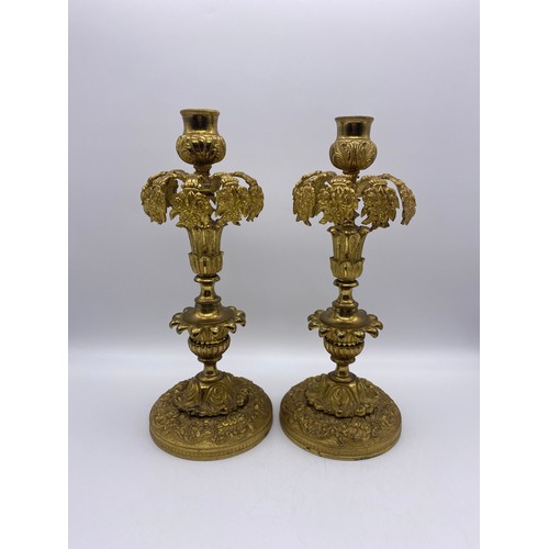 628 - PAIR OF 19TH CENTURY ORMOLU FANCY BRASS CANDLESTICKS 30CM HEIGHT APPROX