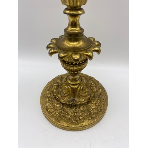 628 - PAIR OF 19TH CENTURY ORMOLU FANCY BRASS CANDLESTICKS 30CM HEIGHT APPROX