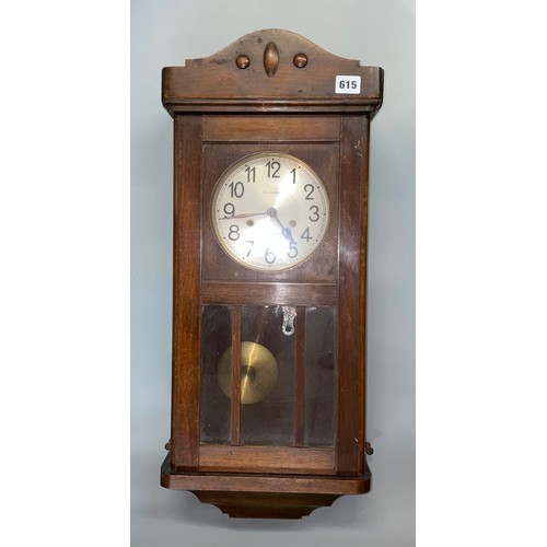 615 - 20TH CENTURY BEECH CAED ALLMARK OF ABERTILLERY PENDULUM WALL CLOCK WITH KEY