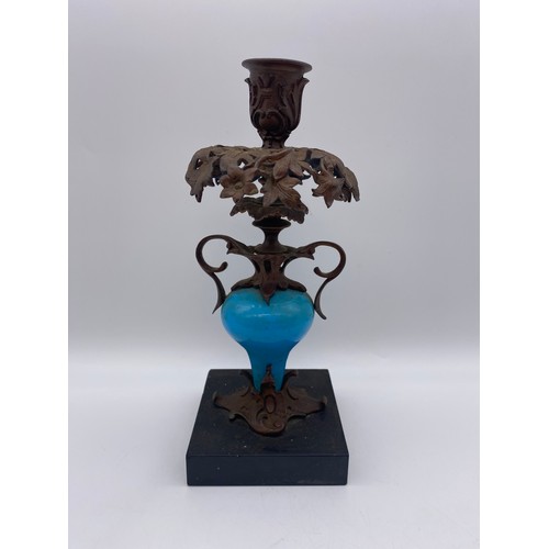 629 - PAIR OF TURQUOISE AND GILT METAL CANDLESTICKS ON MARBLE BASES 24.5CM HEIGHT