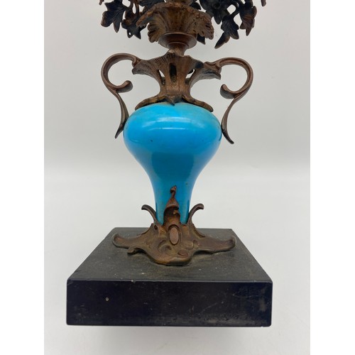 629 - PAIR OF TURQUOISE AND GILT METAL CANDLESTICKS ON MARBLE BASES 24.5CM HEIGHT