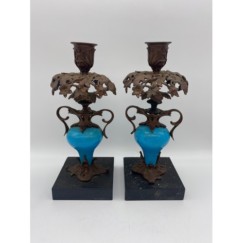 629 - PAIR OF TURQUOISE AND GILT METAL CANDLESTICKS ON MARBLE BASES 24.5CM HEIGHT