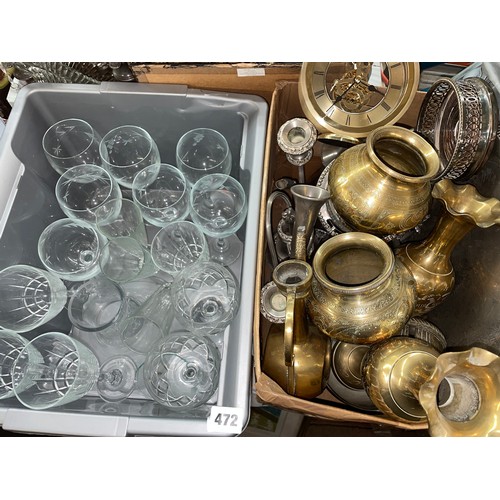 472 - SMALL BOX - BRASS ENGRAVED POTS, TEA/COFFEE SERVICE, CRIMPED EDGE VASES, MANTLE CLOCK AND GLASSWARE