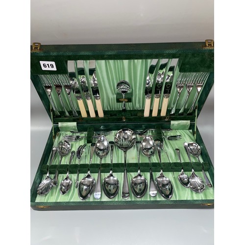 619 - GREEN FAUX LEATHER CANTEEN OF CUTLERY