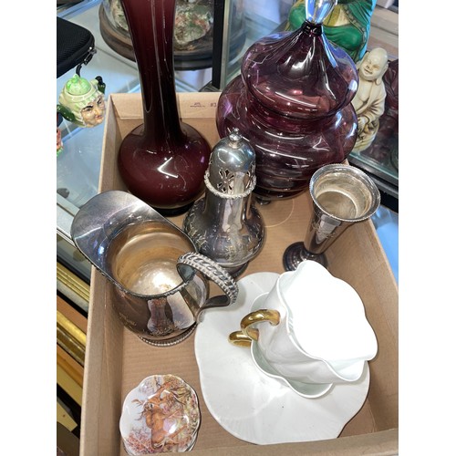 487 - AMETHYST GLASS VASE AND JAR AND COVER, EPNS LIGHTHOUSE CASTOR, SPILL VASE AND CREAMER