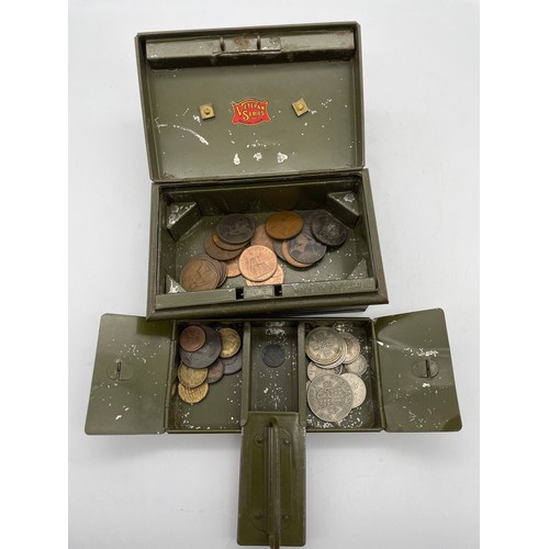 641 - SMALL GREEN ENAMEL CASH TIN OF PRE DECIMAL GB COINS