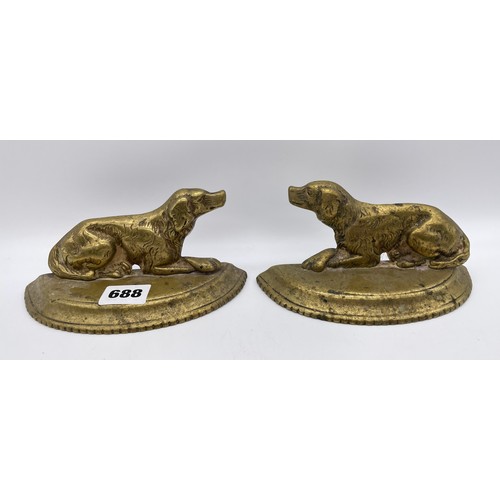 688 - PAIR OF BRASS RECUMBENT RETRIEVER DOG DOOR STOPS