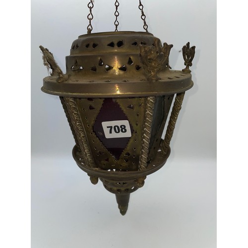 708 - BRASS CAGED AND OCTAGONAL PANEL GLASS HANGING HALL LANTERN