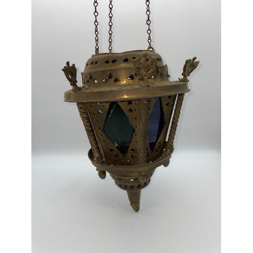 708 - BRASS CAGED AND OCTAGONAL PANEL GLASS HANGING HALL LANTERN