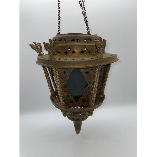 708 - BRASS CAGED AND OCTAGONAL PANEL GLASS HANGING HALL LANTERN