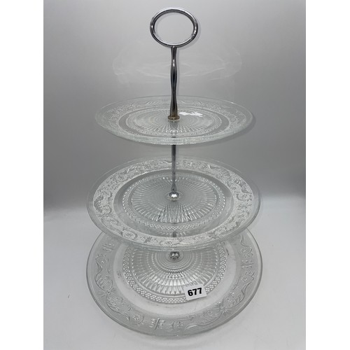 677 - PRESSED GLASS THREE TIER CHROMIUM CAKE STAND